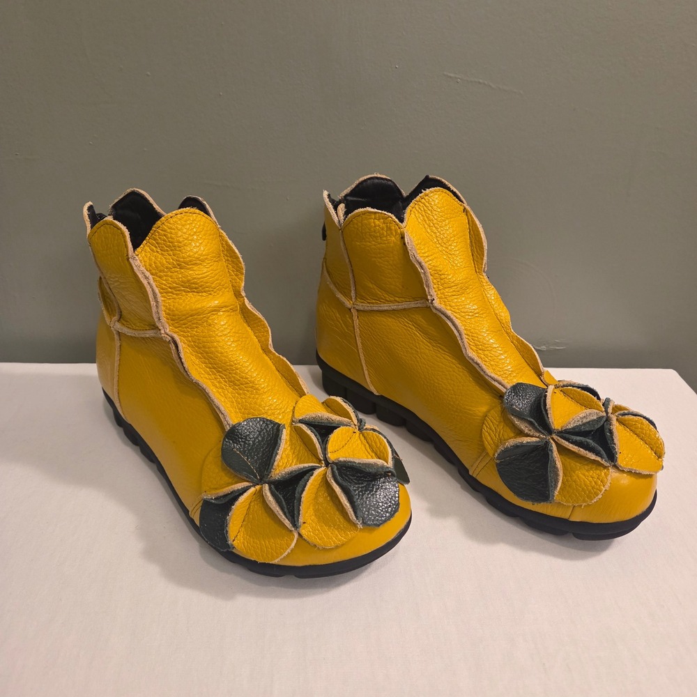 Women's Retro Style Leather Yellow Ankle Booties, Asian Size 235 Fits US 6.5